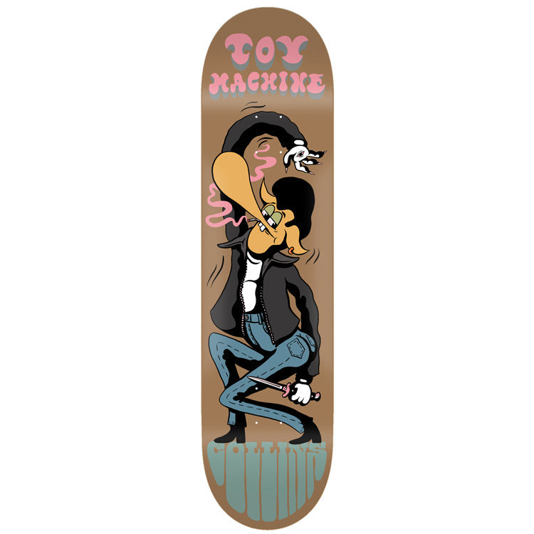 Toy Machine Cj Collins / Stevie Gee 8.25 skateboard deck: A cartoon greaser with a huge quiff and long nose, in a leather jacket and jeans, holds a dagger while smoking, with a black arm curling overhead. Bubble lettering at top and bottom on a brown deck.