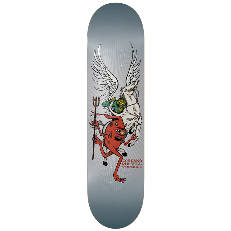 Toy Machine Cordano Russell Pegasus 8.00 skateboard deck: A red one-eyed devil with a trident rides a white winged horse, carrying a small green figure, on a grey-blue deck with faint radiating lines. Rider and brand name in red at the bottom.