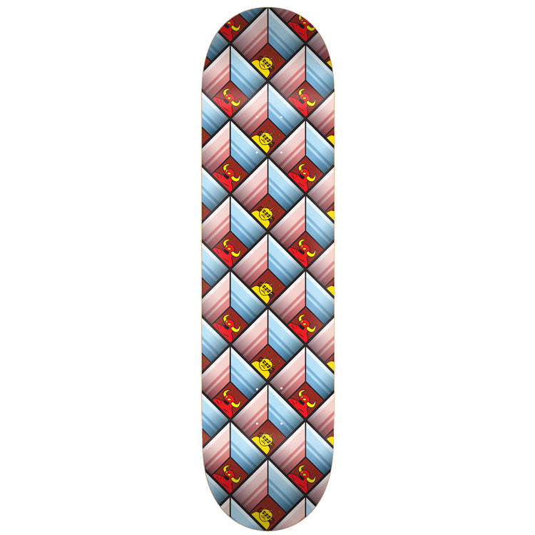 Toy Machine Cubist 8.50 skateboard deck: A repeating geometric pattern of stacked cube shapes in pale blue and pink gradients, each with a small red devil and yellow Sect-style face motif, covers the whole deck.