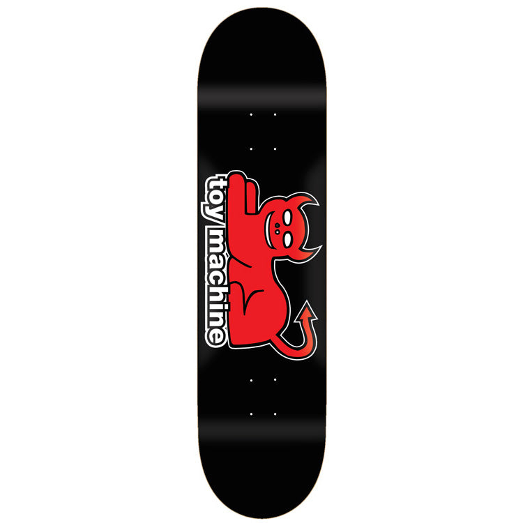 Toy Machine Devil Cat 7.63 skateboard deck: A red horned devil cat with a pointed tail lies beside the white-outlined vertical toy machine wordmark on a plain black deck.