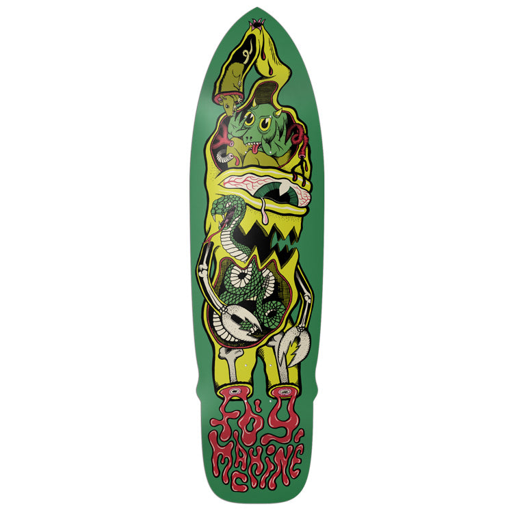 Toy Machine Dissect Sect 8.50 skateboard deck: Cut-away illustration of a yellow-green monster standing upside down, its body opened to show a snake, bones, an eyeball and a small frog-like creature inside. Drippy red lettering runs along the tail on a green cruiser-shaped deck.