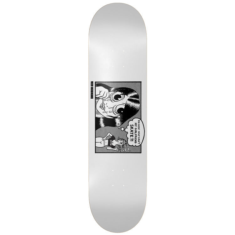 Toy Machine X Thrasher Girlfriend 8.25 skateboard deck: White deck with a black and white comic-panel illustration of a wide-eyed, tearful girl with a bob haircut and a small figure in a bikini, with a thought bubble asking why her girlfriend can't skate. Vertical credit text beside the panel.