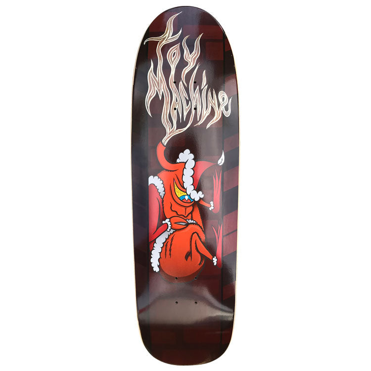 Toy Machine Grinch 9.18 skateboard deck: Dark brown plaid-patterned shaped deck with a one-eyed red monster in a Santa suit, upside down as if descending a chimney. Toy Machine lettering rises as smoke at the top.