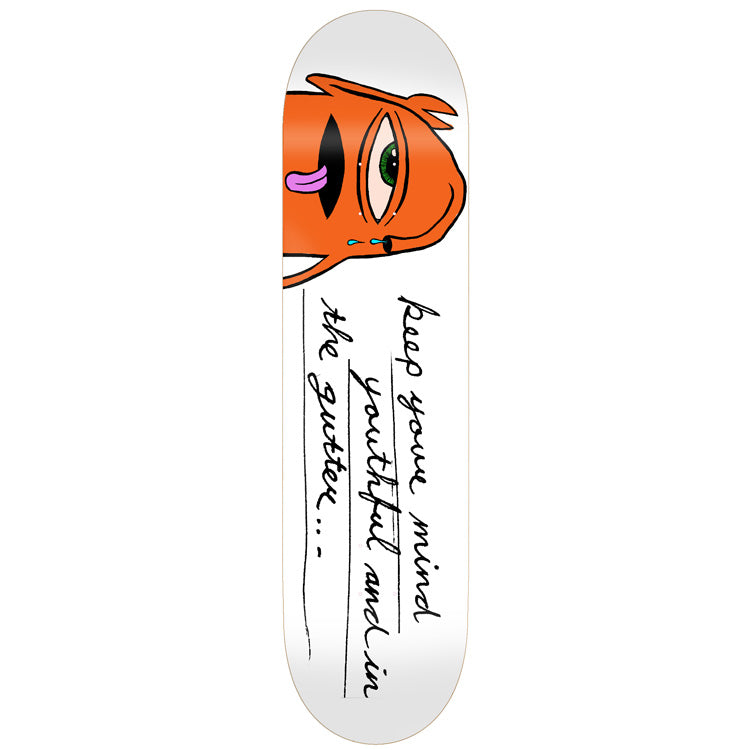 Toy Machine Gutter 8.38 skateboard deck: The orange one-eyed Toy Machine monster peeks in from the left with its tongue out, above handwritten cursive text on a white deck reading "keep your mind youthful and in the gutter...".