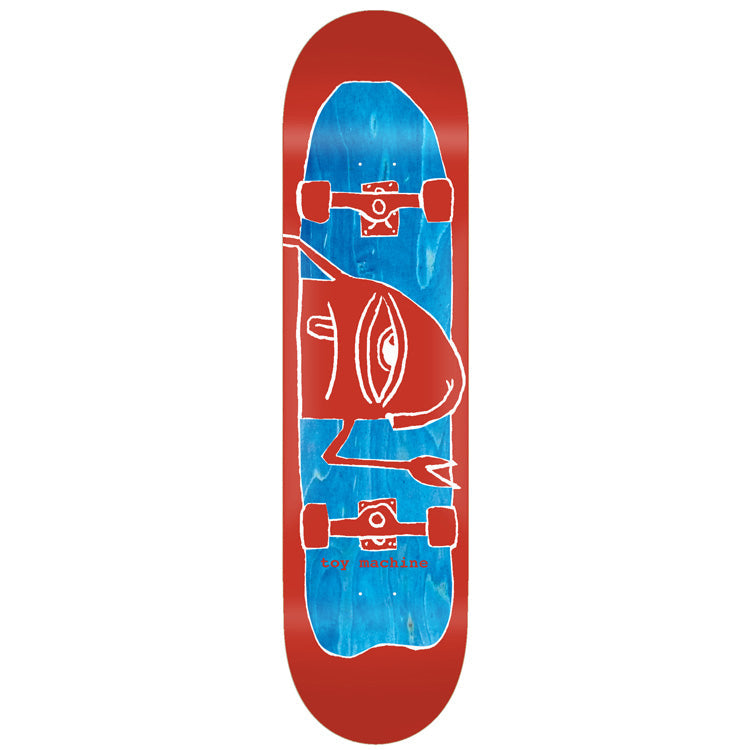 Toy Machine Hello Sect Red 7.75 skateboard deck: Red deck with a blue-stained panel showing a white-outlined drawing of the underside of a skateboard with trucks and wheels, with the Toy Machine one-eyed Sect monster in red overlapping it. Brand name at the lower end.