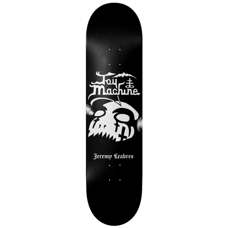 Toy Machine Jeremy Leabres Diamond 8.50 skateboard deck: White heavy-metal style Toy Machine logo with bat and inverted cross above a large white skull with crosses for eyes and sketchy record-like marks, on a black deck. Rider name in gothic lettering below.
