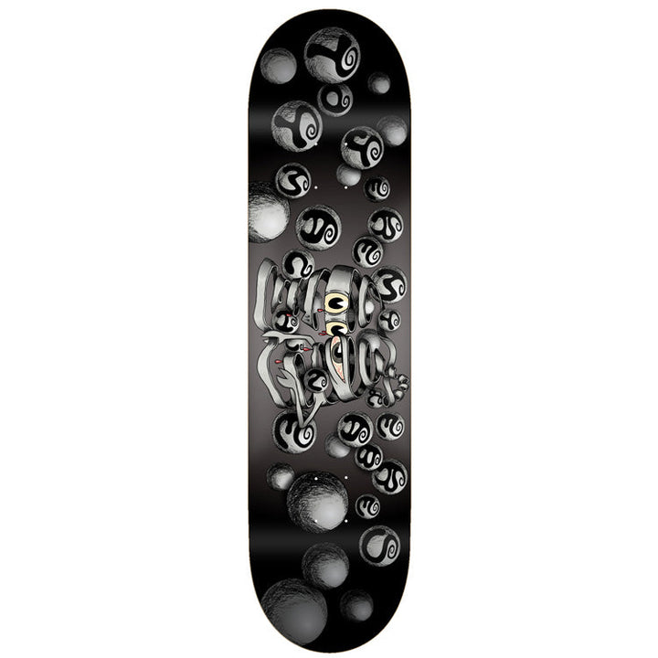Toy Machine Jeremy Leabres Bond Of Union 8.25 skateboard deck: Monochrome grey-black deck with a bandaged mummy-like creature with a single eye, surrounded by floating spheres marked with black swirls.