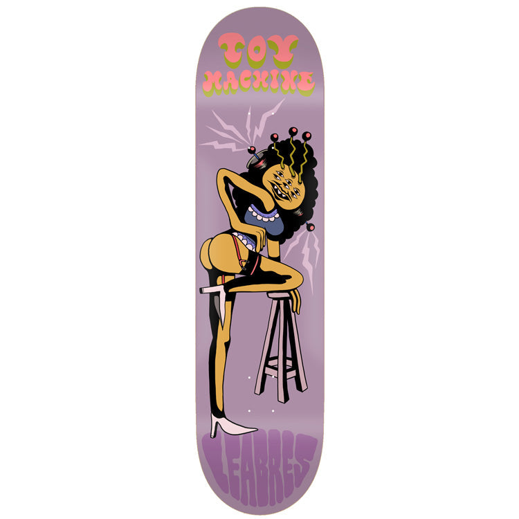 Toy Machine Jeremy Leabres / Stevie Gee 8.25 skateboard deck: Cartoon woman with a many-eyed face and antennae leans on a bar stool in stockings and heels, with lightning flashes behind, on a lilac deck. Bubbly pink and green logo at top.