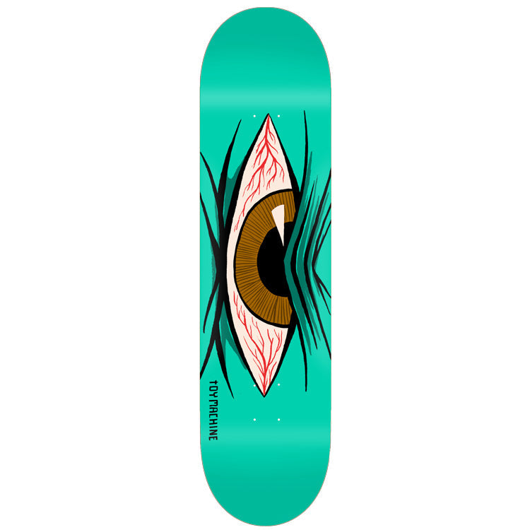 Toy Machine Mad Eye Teal 7.75 skateboard deck: A large bloodshot eyeball with a brown iris, framed by dark spiky lashes, fills the middle of a teal deck. 'Toy Machine' is printed vertically along the tail.