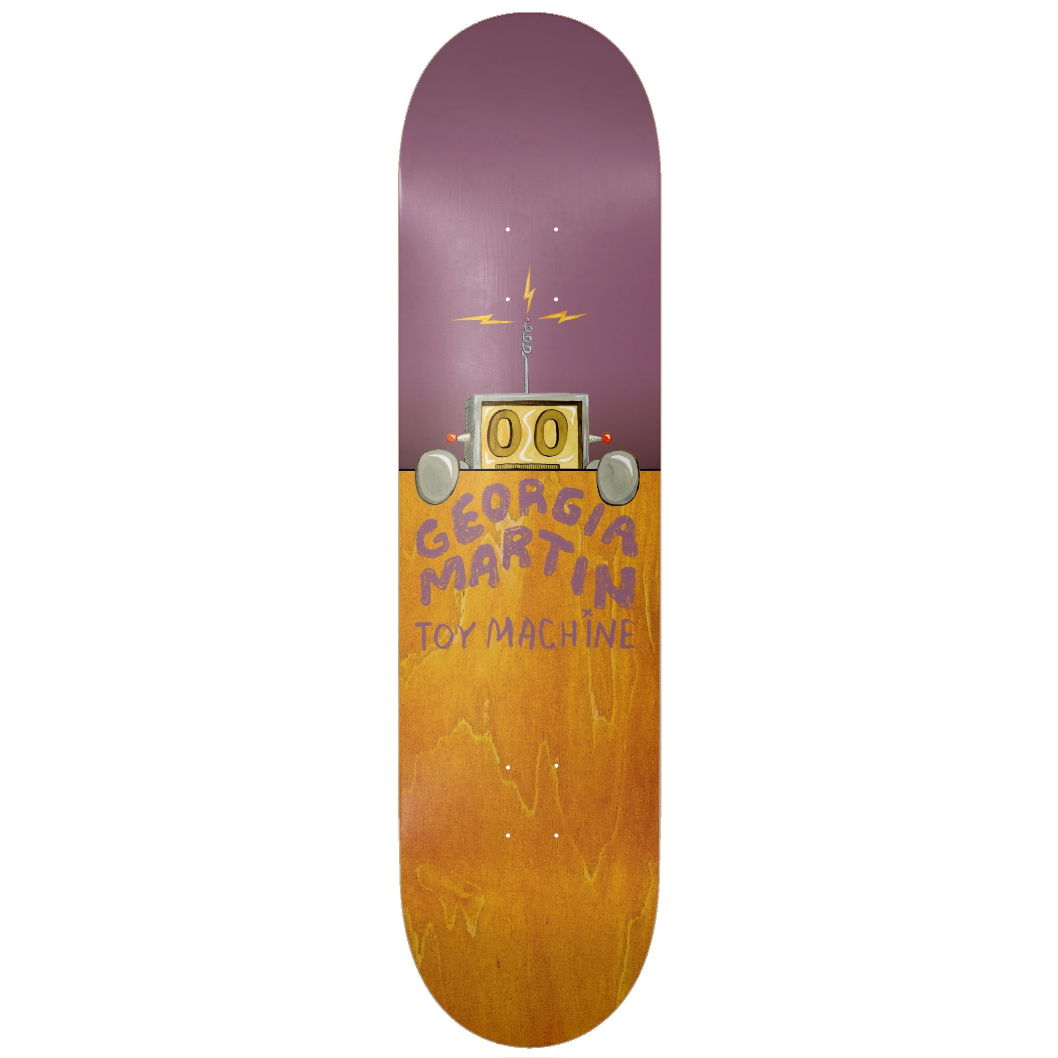 Toy Machine Georgia Martin Fence 8.38 skateboard deck: A small grey robot-like machine with a lit '00' display, antenna, red lights and lightning bolts sits at the split between a purple upper half and orange-stained wood lower half. 'Georgia Martin' and 'Toy Machine' are in purple lettering below.