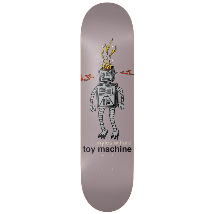 Toy Machine Myles Willard Robot Fire 8.25 skateboard deck: Hand-drawn grey toy robot with a burning head, sparks and red lightning squiggles at its sides, standing on a mauve-grey deck above the rider name and Toy Machine wordmark.