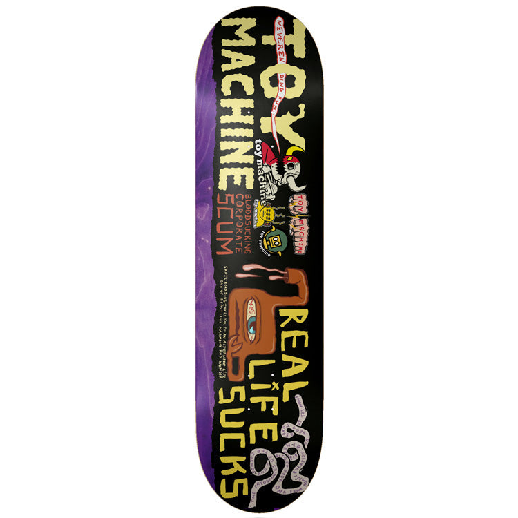 Toy Machine Neverending 8.25 skateboard deck: Collage of Toy Machine imagery on a black deck: large yellow TOY MACHINE lettering, a skull-headed figure, small monster logos, a brown one-eyed blob character and the words REAL LIFE SUCKS, with a purple stained edge on the left.