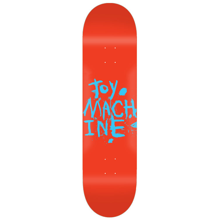 Toy Machine Paint Red Pp 7.75 skateboard deck: The Toy Machine name painted in rough, brushy light-blue letters, broken over four lines with paint splatters, on a flat red deck.