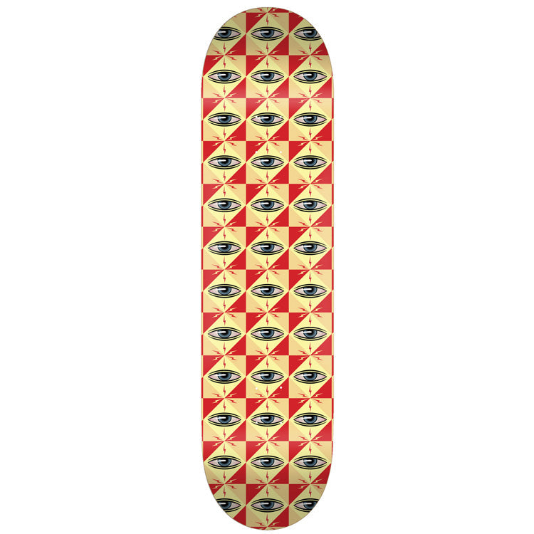 Toy Machine Pattern Logo 8.50 skateboard deck: A repeating all-over grid of Toy Machine's eye logo, each in a red and cream checkered diamond with small starburst marks, covering the whole deck.