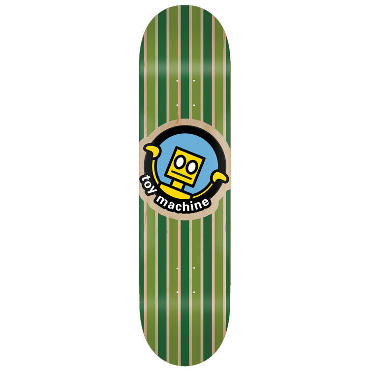 Toy Machine Robot Green 8.75 skateboard deck: A round Toy Machine robot logo, a yellow square-headed robot with raised arms on a blue background, sits centrally over vertical green and natural wood stripes.
