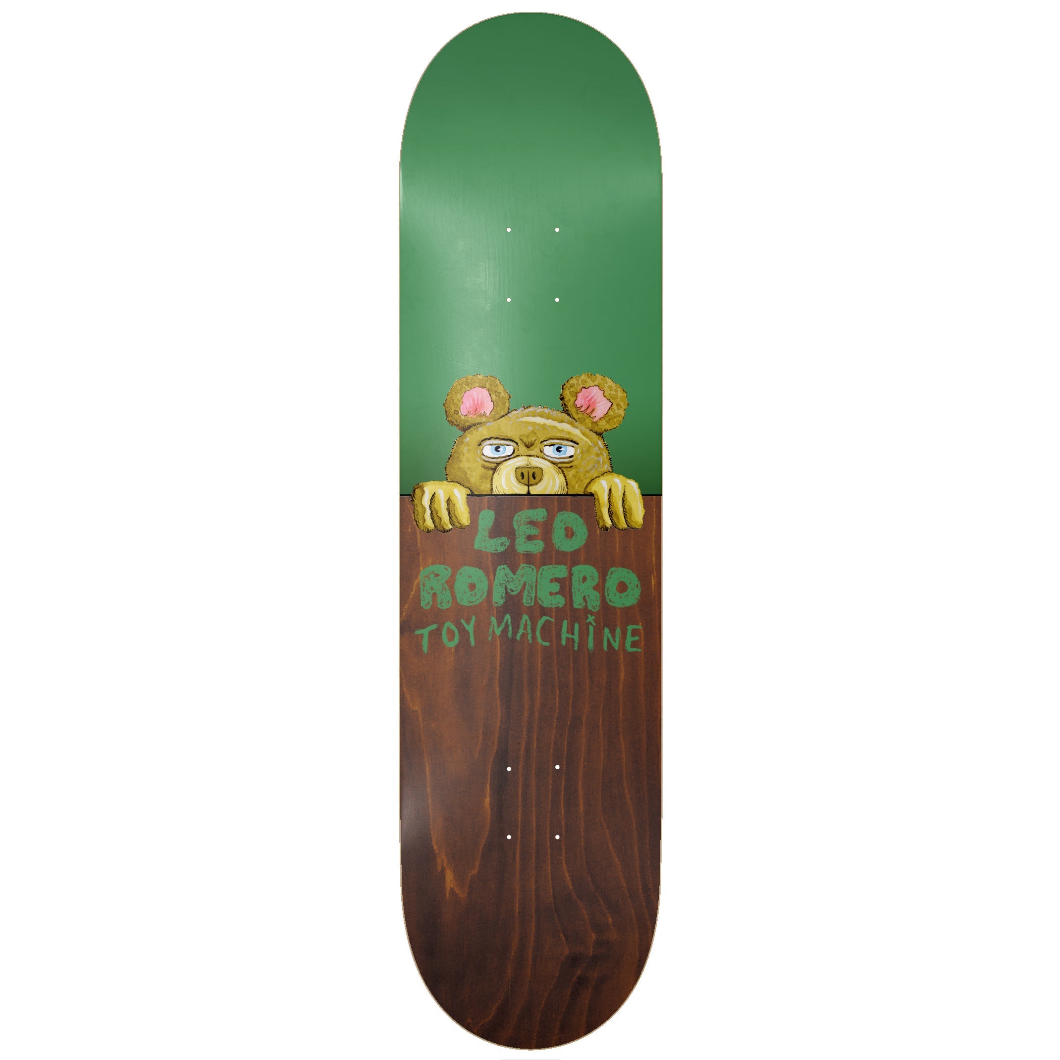 Toy Machine Leo Romero Fence 8.13 skateboard deck: Crudely painted teddy bear peeks over a fence, with hand-lettered rider and brand names on the lower wood-stained half. Top half is flat green.