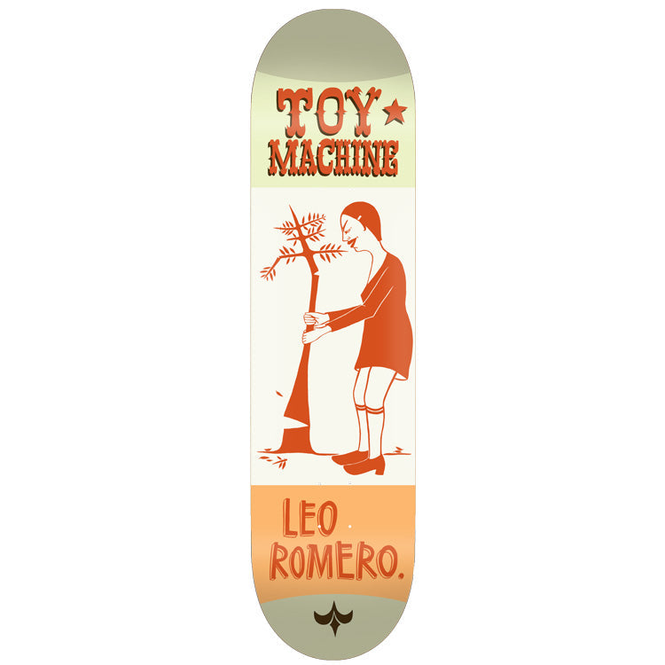 Toy Machine Leo Romero Kilgallen 8.25 skateboard deck: A woman in an orange dress and clogs hugs a young leafless tree, in a flat two-colour illustration, under an ornate 'Toy Machine' logo with a star and above 'Leo Romero.' on an orange band; the Toy Machine mark is at the tail.