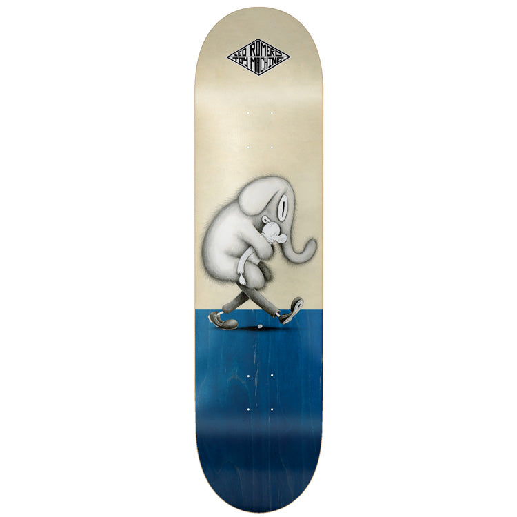 Toy Machine Leo Romero / Ladouceur 8.38 skateboard deck: Soft grey pencil-style illustration of a walking white elephant-like creature hugging a small character, on a cream upper half above a blue-stained lower half. Small diamond logo with rider and brand names at the top.