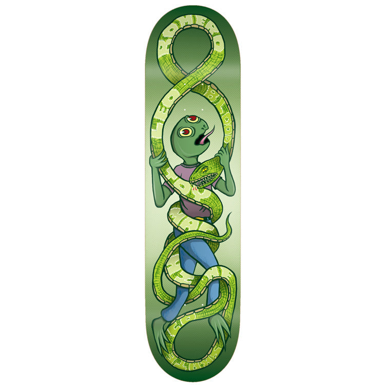 Toy Machine Leo Romero Snake 8.25 skateboard deck: A green humanoid alien figure with a third eye, in a purple top and blue jeans, is coiled and bitten by a long green snake that loops in a figure of eight above and below. Pale green gradient background.