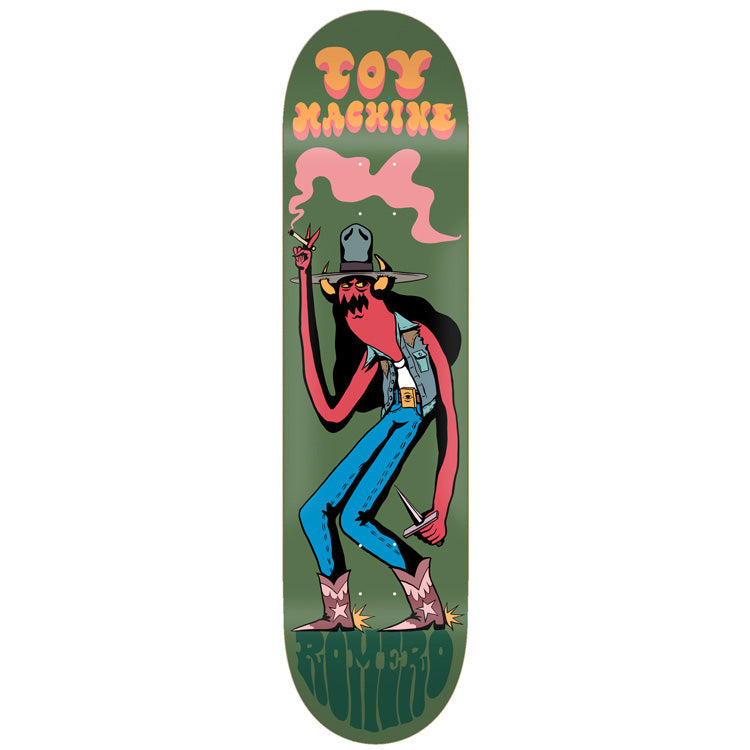 Toy Machine Leo Romero / Stevie Gee 8.13 skateboard deck: A red horned devil in a cowboy hat, denim vest, jeans and star-embellished boots smokes a cigarette and holds a dagger, with pink smoke above. Toy Machine in bubble lettering at top, Romero at the base, on olive green.
