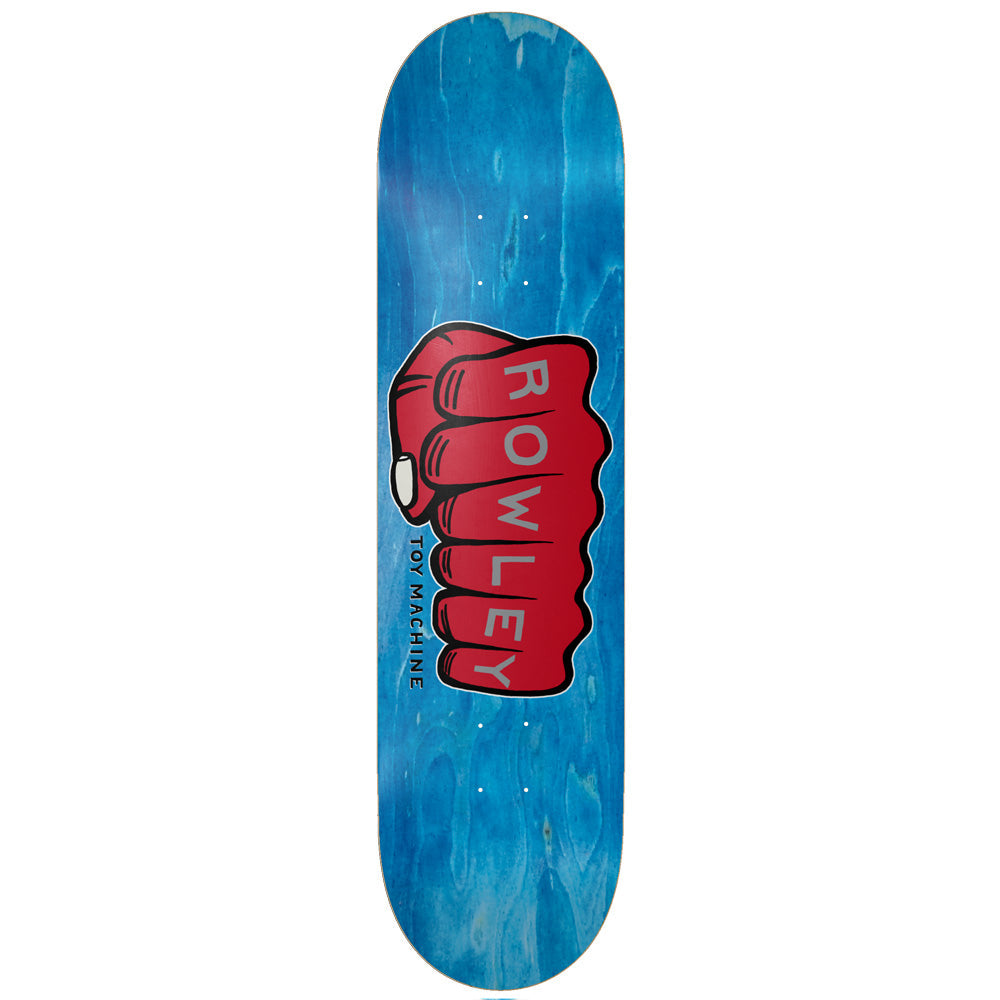 Toy Machine Geoff Rowley Fist 8.50 skateboard deck: A large red clenched fist with the name Rowley printed along its fingers sits on a blue-stained deck, outlined in black. Toy Machine is written up the side of the hand.