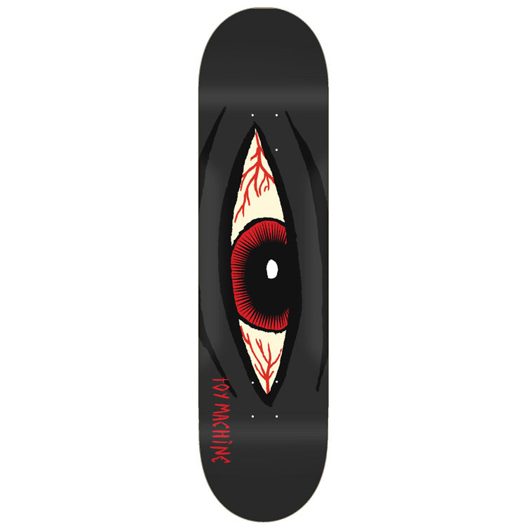 Toy Machine Sect Eye Bloodshot 8.13 skateboard deck: A single large bloodshot eye with a red iris and black pupil sits in a pointed slit on a charcoal deck, with dark claw-like scratches around it. Toy Machine is written in red near the tail.
