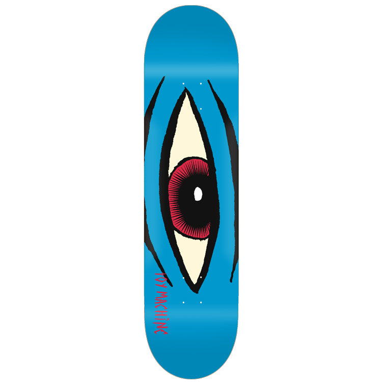 Toy Machine Sect Eye Blue 7.88 skateboard deck: Large Sect eye with a cream eyeball, red iris and black pupil, framed by heavy black lid strokes, on a plain blue deck. 'Toy Machine' in red handwritten lettering runs up the lower side.