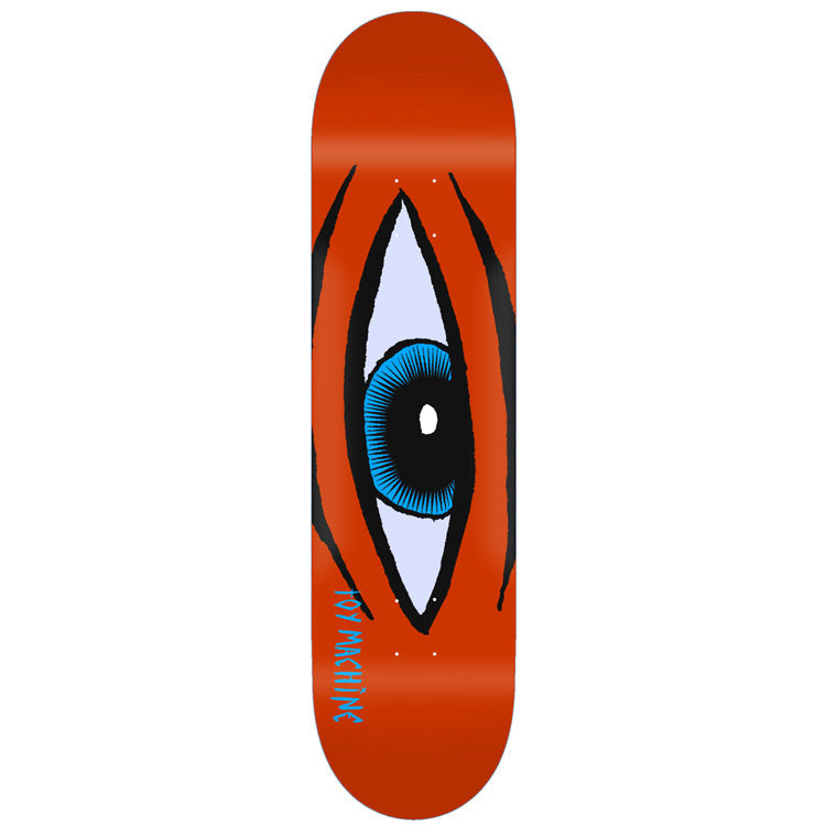 Toy Machine Sect Eye Red 7.63 skateboard deck: A single large blue-irised eye with a black pupil sits in a pointed slit on a red-orange deck, flanked by dark claw-like scratches. Toy Machine is written in blue near the tail.