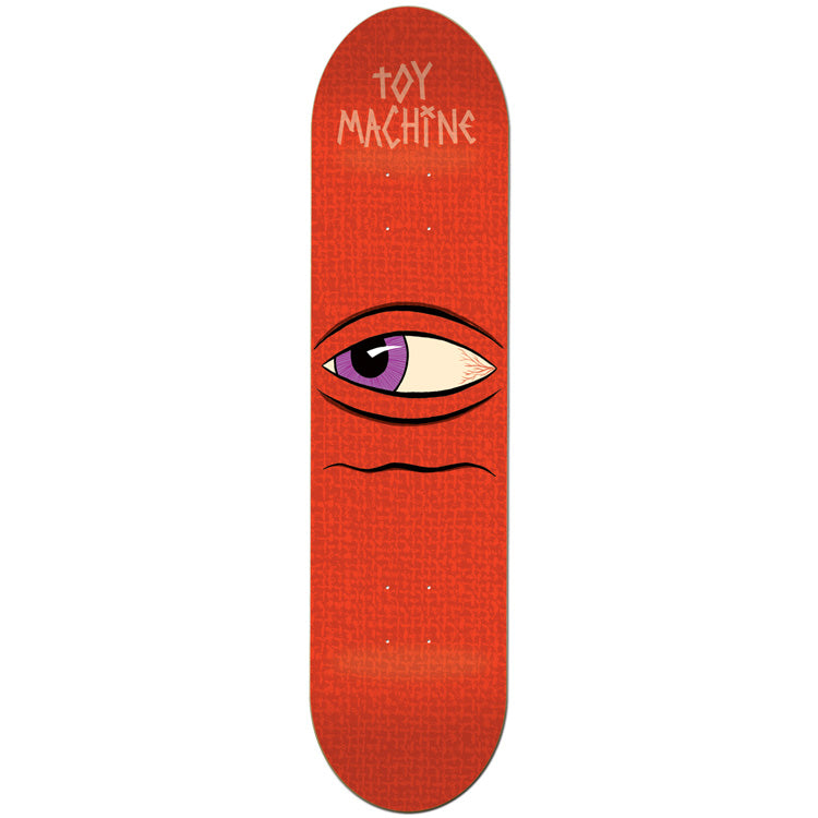 Toy Machine Side Eye Pp 7.88 skateboard deck: A large side-glancing eyeball with a purple iris and bloodshot white sits within heavy black lids above a wavy mouth line on a textured orange deck. Pale lettering is at the top.