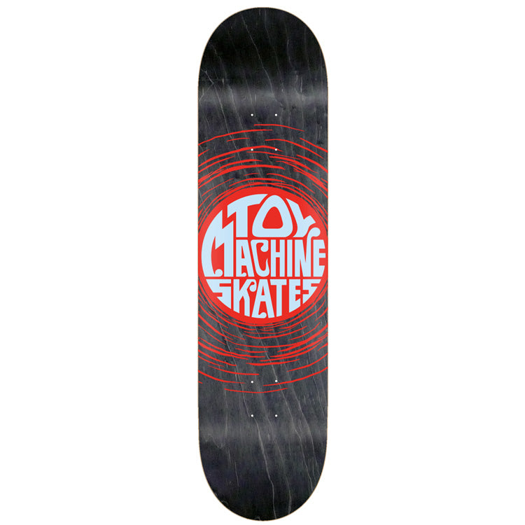 Toy Machine Skates Red 7.63 skateboard deck: Toy Machine Skates in rounded light blue psychedelic-style lettering fills a red circle on a black stained deck, with red swirling lines radiating outwards.