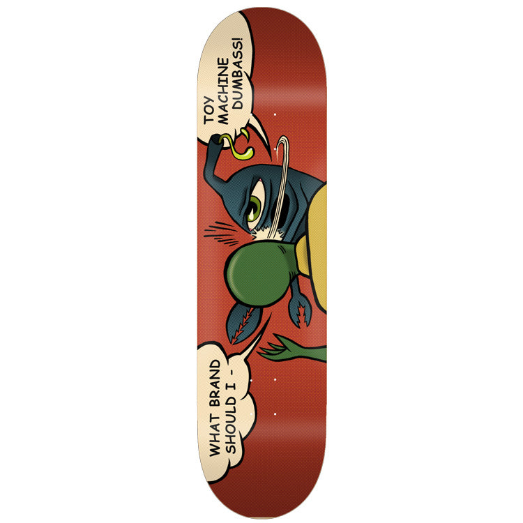 Toy Machine Slap 8.25 skateboard deck: Comic-style panel of a dark blue Toy Machine monster getting slapped by a green fist, with speech bubbles reading 'What brand should I -' and 'Toy Machine dumbass!'. Red halftone background.