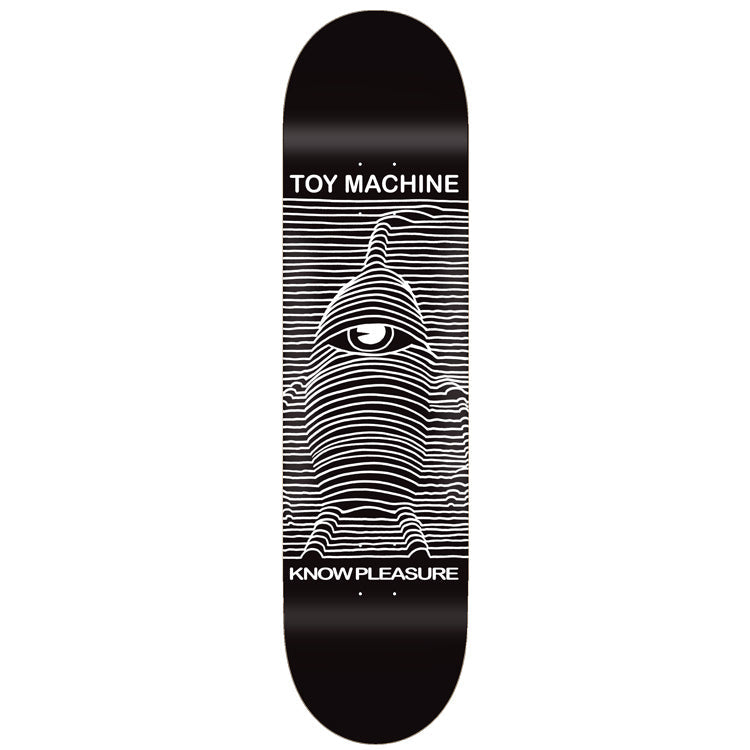 Toy Machine Toy Division 8.50 skateboard deck: Parody of a famous stacked-lines album cover: white wavy lines on black form the Toy Machine one-eyed monster. Brand name boxed above and the words Know Pleasure below.