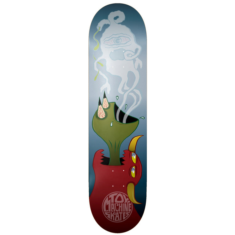 Toy Machine Who Eats Who 8.13 skateboard deck: Blue-grey gradient deck showing a green creature with horn-like claws erupting from the top of a red horned monster, with a ghostly smoke-like cloud with one eye rising above. Toy Machine round logo at the tail.