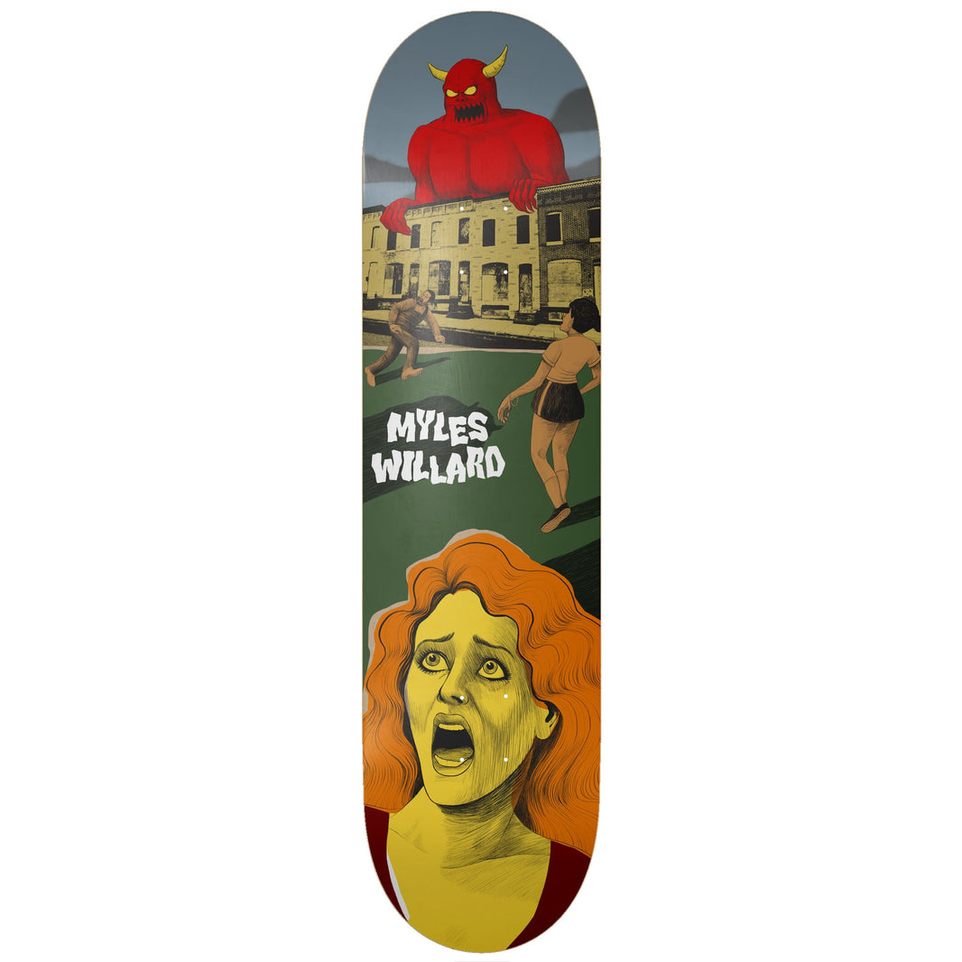 Toy Machine Myles Willard Horror Show 8.38 skateboard deck: Vintage horror-film style scene: a red horned monster looms over a street of houses as a man and woman flee, above a close-up of a screaming red-haired woman with yellow skin.