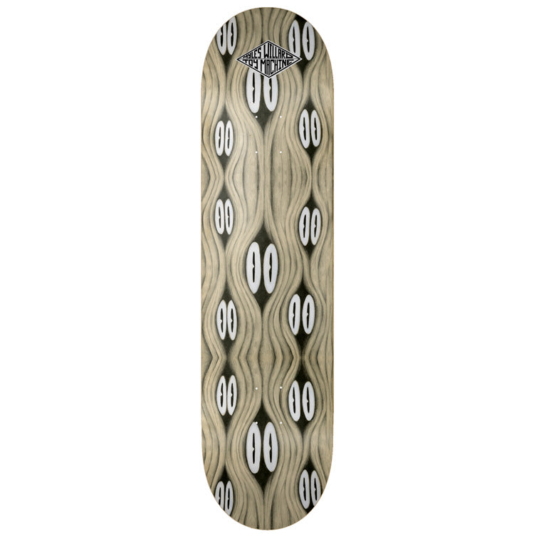 Toy Machine Myles Willard / Ladouceur 8.50 skateboard deck: Natural wood-toned deck covered in a repeating pattern of wavy, hair-like lines forming vertical rows of pale oval eyes with slit pupils. A diamond-shaped badge with rider and brand names sits at the nose.