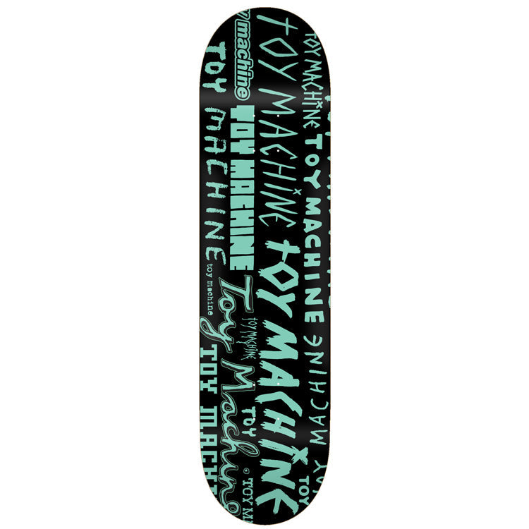Toy Machine Word Marks Black 8.25 skateboard deck: Black deck covered in an overlapping jumble of the brand name in different fonts, scrawled, stencilled and bold, all in mint green.