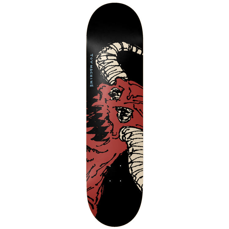 Toy Machine Wth Vice 8.38 skateboard deck: Black deck with a rough-drawn red demon head with large ribbed cream horns and open fanged mouth, cropped by the right edge. Brand name in small blue lettering runs up the left.