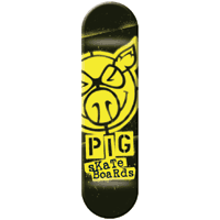 Pig Stencil Yellow skateboard deck: A yellow pig-head logo with a scowling face and pointed ear, over stencil-style PIG SKATEBOARDS lettering on yellow label blocks, set on a black deck with yellow spray speckles.