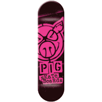 Pig Stencil Pink skateboard deck: A large pink stencil-style pig head with angry eyes and a grinning snout above the brand name in cut-out ransom-note letters, on a dark maroon sprayed background.