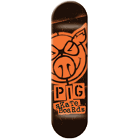 Pig Stencil Orange skateboard deck: Orange stencil-style angry pig face logo with spray splatter on a dark brown deck, above PIG in block letters and skateboards in mixed-case stencil lettering.