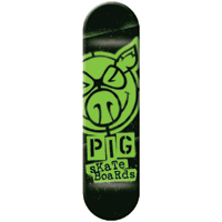 Pig Stencil Green skateboard deck: Green stencil-style pig head logo with angry eyes and an ear tag, sprayed onto a black ground with soft speckled edges. Punk-style cut-out lettering below reads PIG SKATEBOARDS in green on black blocks.
