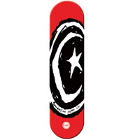 Foundation Star & Moon V.1.0 Red skateboard deck: A large rough brush-drawn black and white star and crescent moon logo fills the middle of a red deck, with small hand-lettered text around the lower edge and a small round logo at the tail.