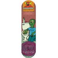 Toy Machine Turtle Boy Burgaling skateboard deck: Cartoon green turtle-like boy in a blue shirt kneeling at a toilet with his hand in the bowl, on a pink tiled bathroom wall. Toy Machine monster logo panel at the top and a pink swirl rug at the tail.