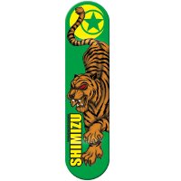 Foundation Shimizu Yellow Tiger skateboard deck: Orange striped tiger prowling down a green deck with red eyes and bared teeth, with a yellow crescent and green star logo at the top and the rider's name in yellow block letters at the tail.