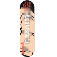 Foundation "Handler" skateboard deck: Close-up cartoon flesh-coloured figure with thick black outlines, obscured by pixelated blocks and a large white CENSORED label, with small red text at the top and tail. Photo is small and low resolution.