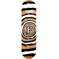 Foundation Hypno Natural skateboard deck: Foundation 'F' circle logo at the centre of a hypnotic spiral of ragged black and white rings, with the natural wood showing through.