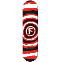 Foundation Hypno Red skateboard deck: Foundation 'F' circle logo at the centre of a hypnotic spiral of ragged red, black and white rings.