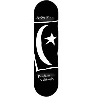 Foundation Splendor skateboard deck: White crescent moon and star on a black flag-like panel, with 'Splendour....' handwritten at the top and 'Foundation Skateboards' at the bottom. Black deck.