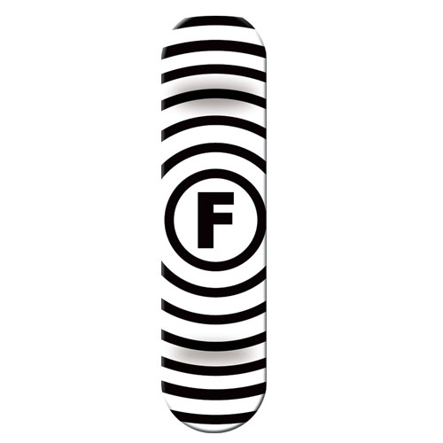 Foundation Vertigo White skateboard deck: White deck with concentric black rings radiating from a circled capital F in the middle, giving a hypnotic ripple effect.