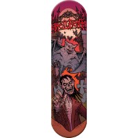 Pig Wood Gravedigger skateboard deck: Gothic horror illustration in comic style: a snarling grey gargoyle with spread wings looms above a grinning ghoulish figure in a red jacket, with bats, gravestones and a cemetery gate under a red moon. Red gothic lettering across the top.